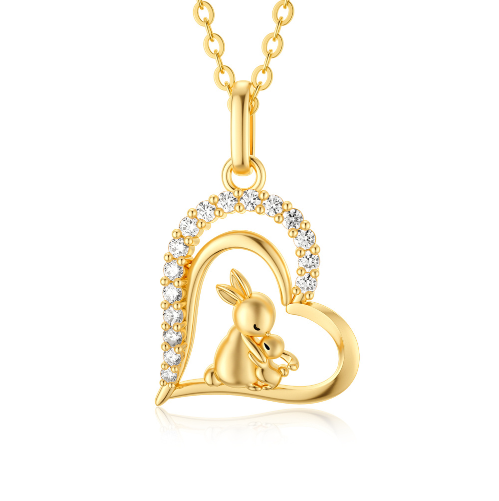 10K Gold Cubic Zirconia Rabbit & Heart Pendant Necklace-1
