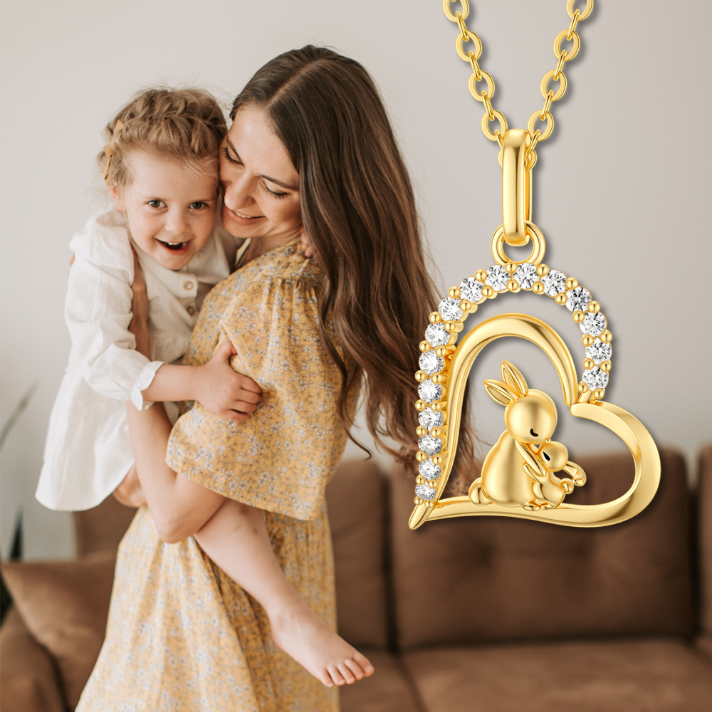 10K Gold Cubic Zirconia Rabbit & Heart Pendant Necklace-3