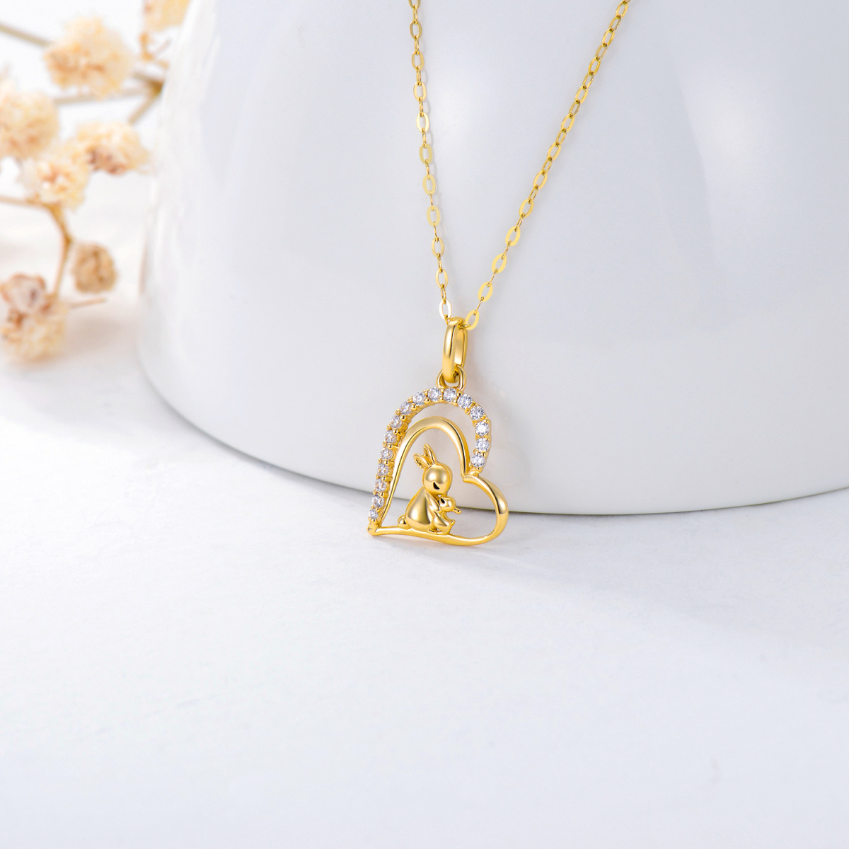 14K Gold Cubic Zirconia Rabbit & Heart Pendant Necklace-4