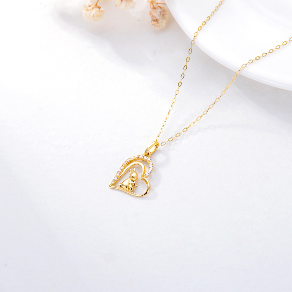 10K Gold Cubic Zirconia Rabbit & Heart Pendant Necklace-5