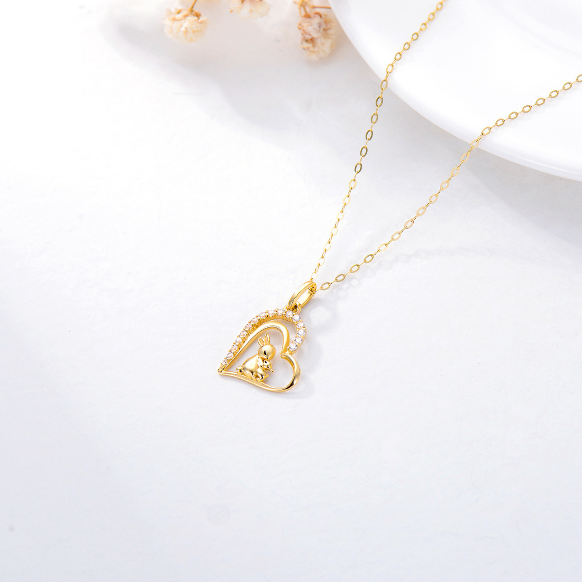 14K Gold Cubic Zirconia Rabbit & Heart Pendant Necklace-5