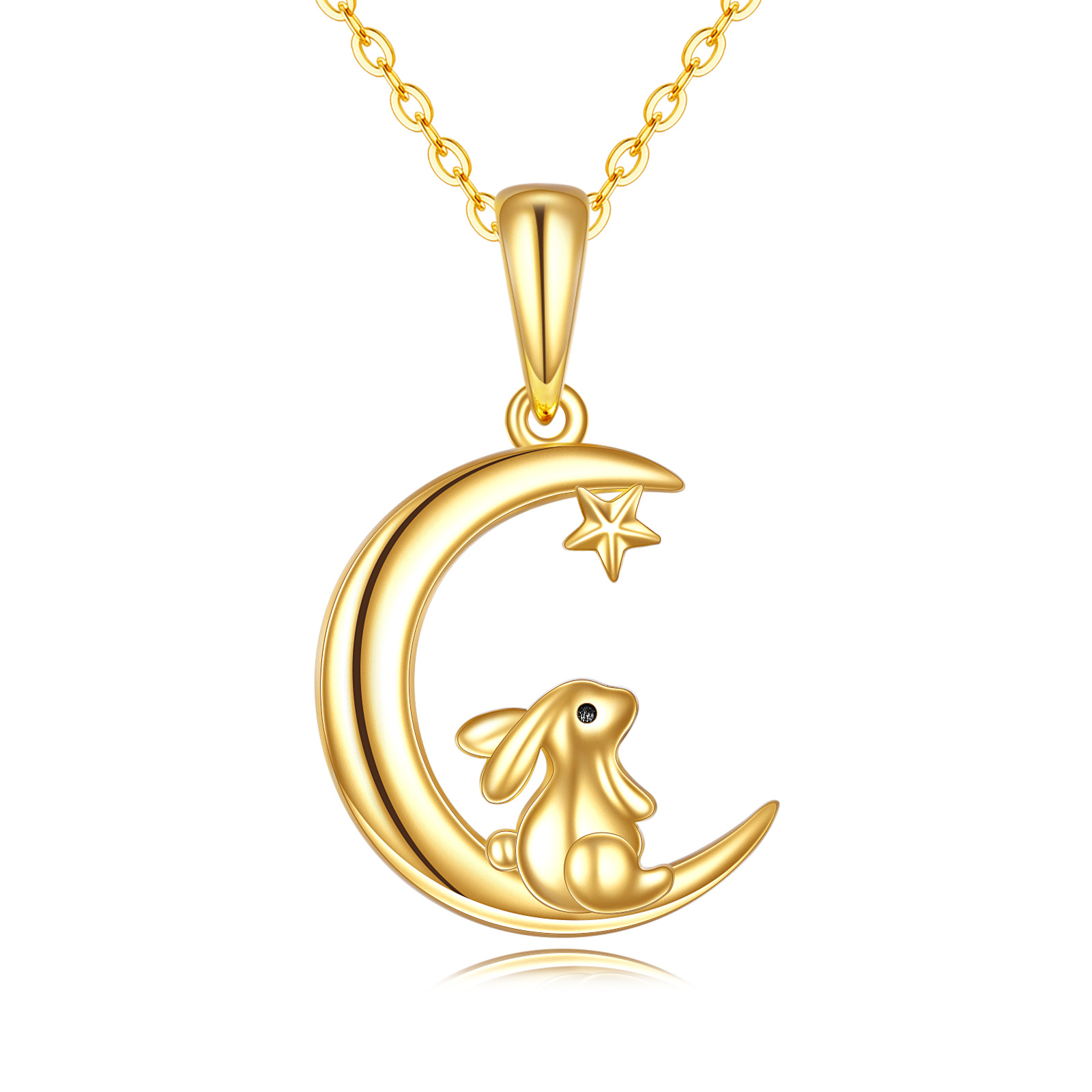 Colar com pingente de coelho e lua em ouro 14K