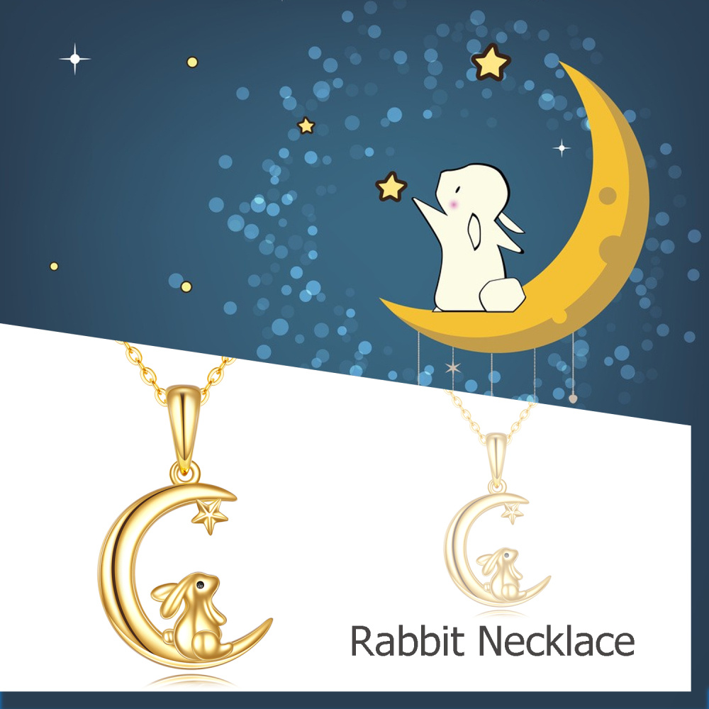 10K Gold Rabbit & Moon Pendant Necklace-5