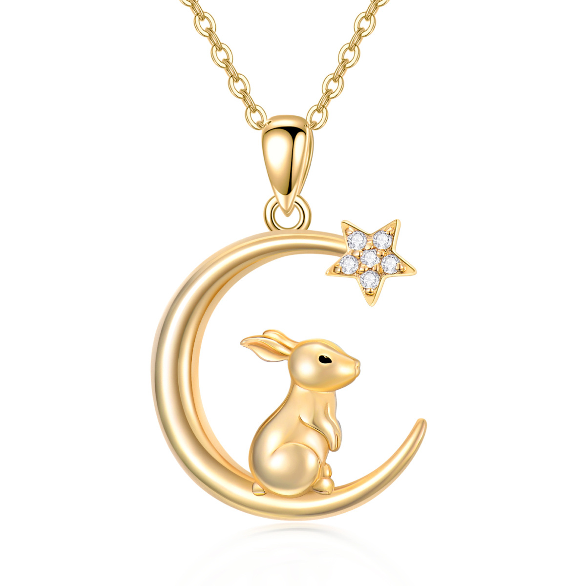 10K Gold Rabbit & Crescent Moon Star Pendant Necklace-1