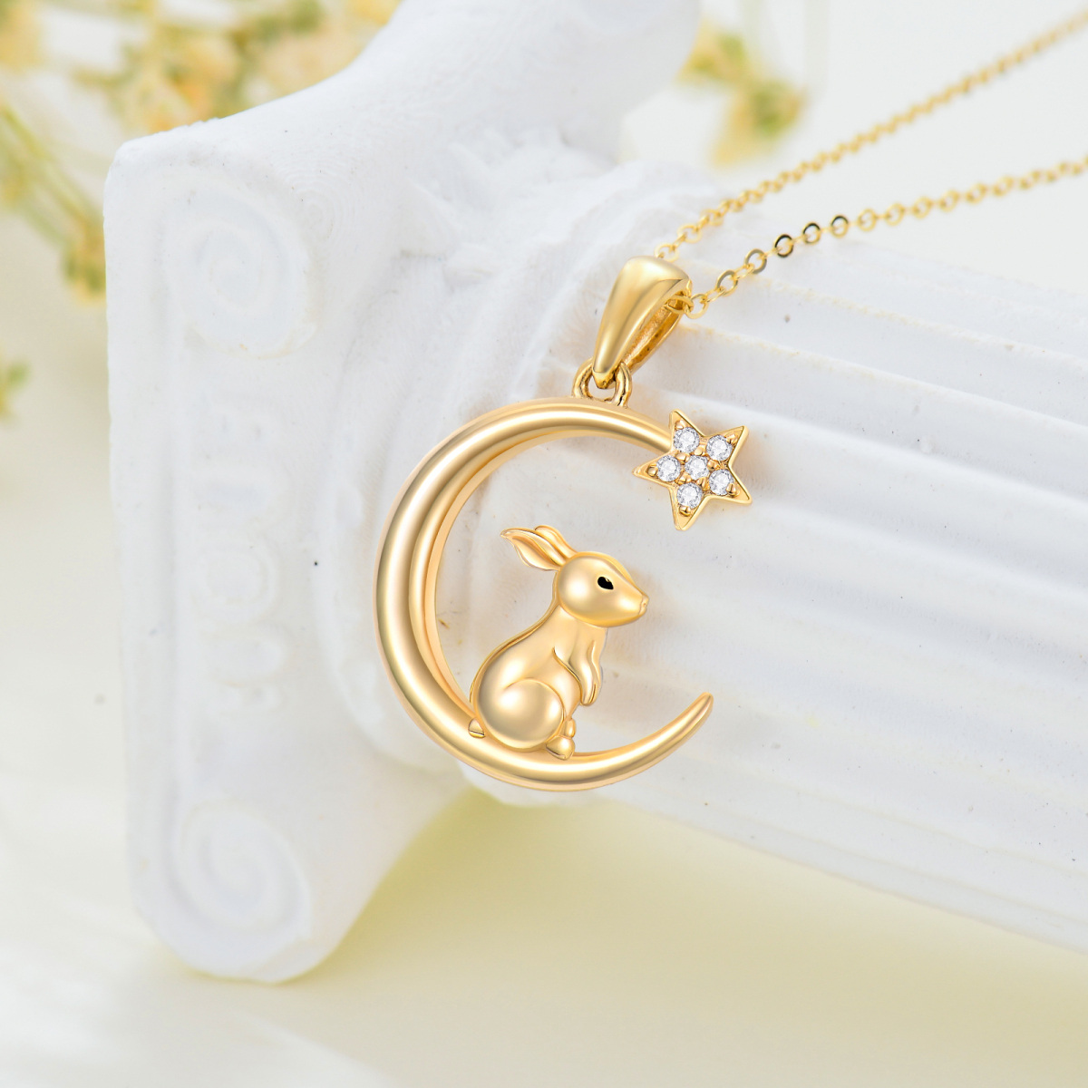 10K Gold Rabbit & Crescent Moon Star Pendant Necklace-3