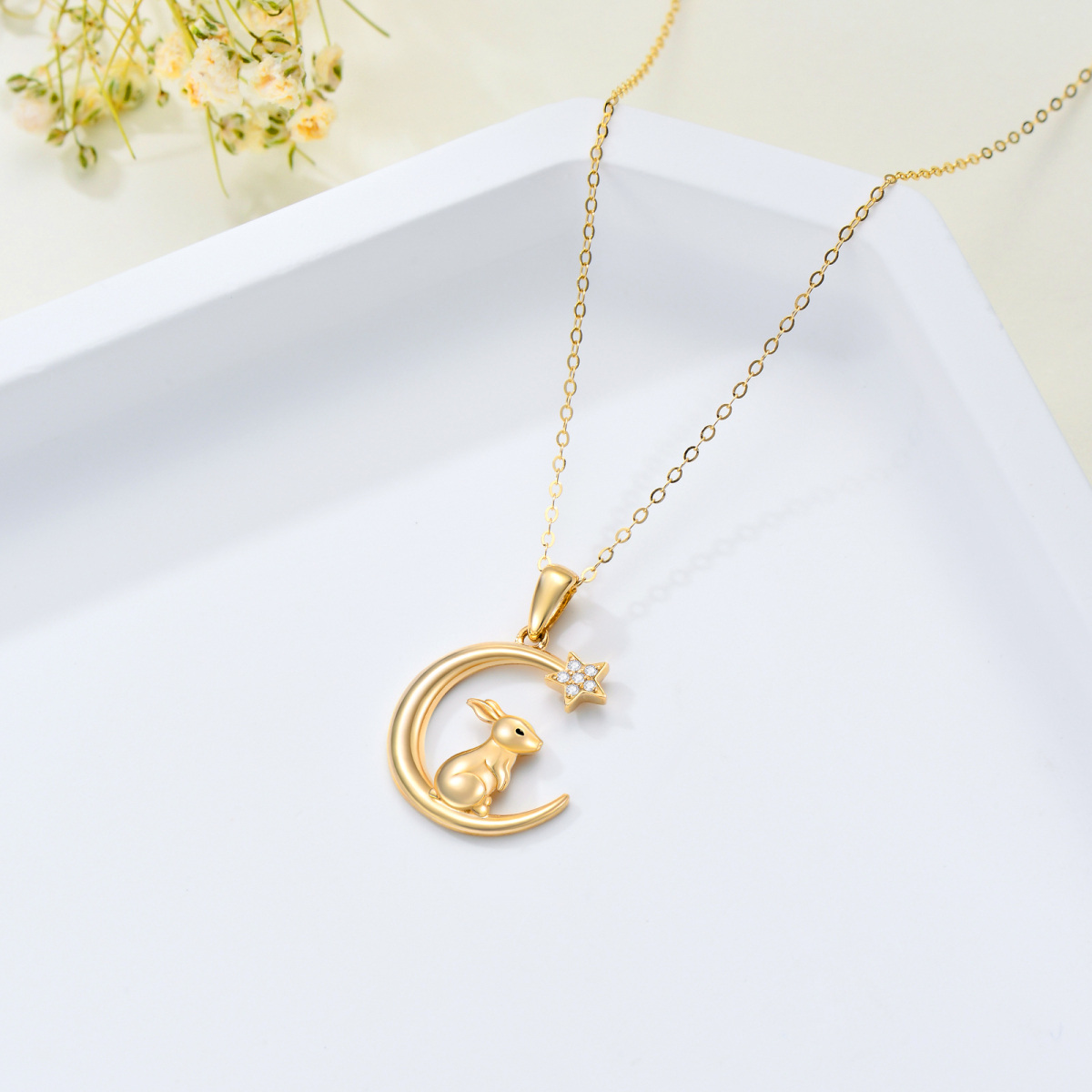 10K Gold Rabbit & Crescent Moon Star Pendant Necklace-4