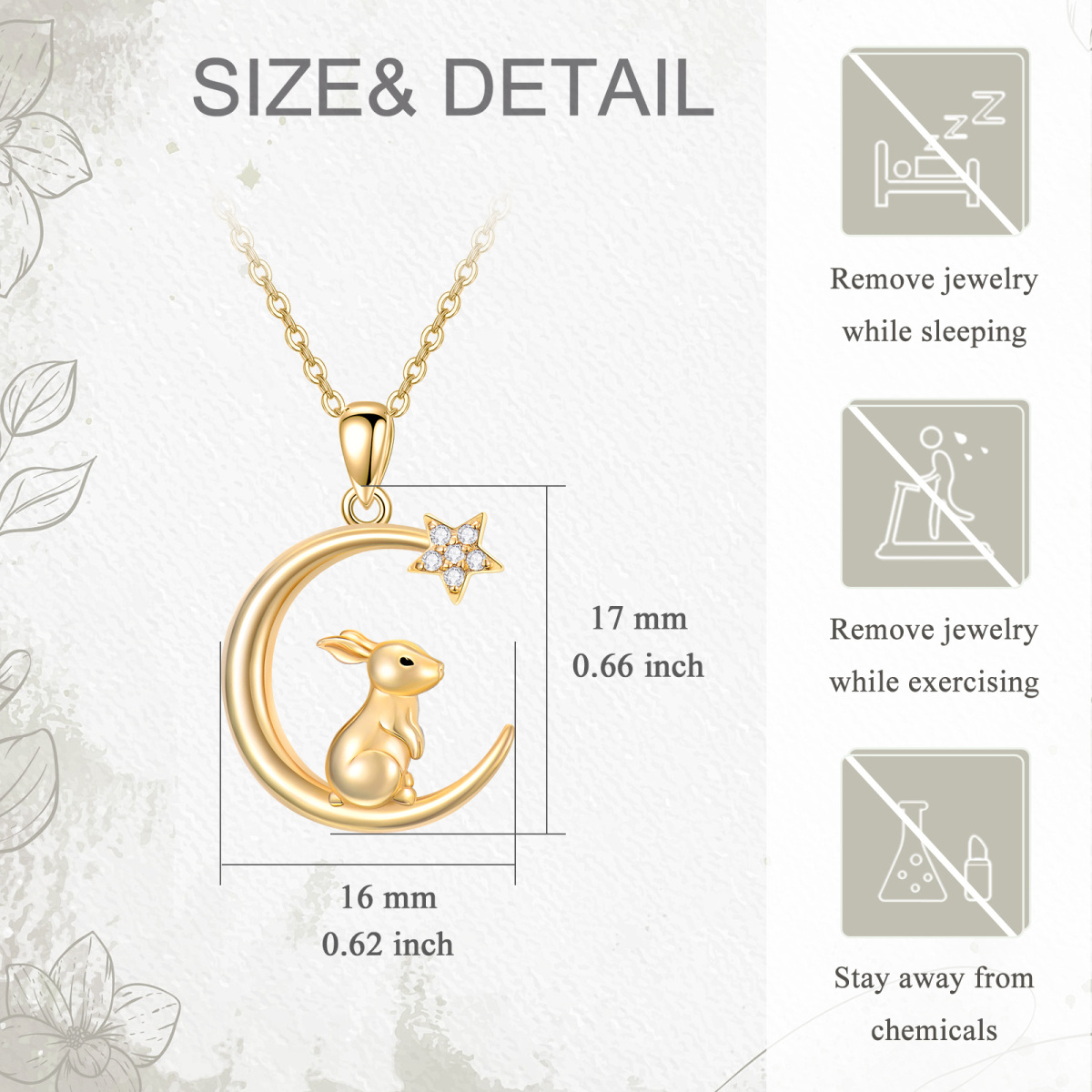 10K Gold Rabbit & Crescent Moon Star Pendant Necklace-5