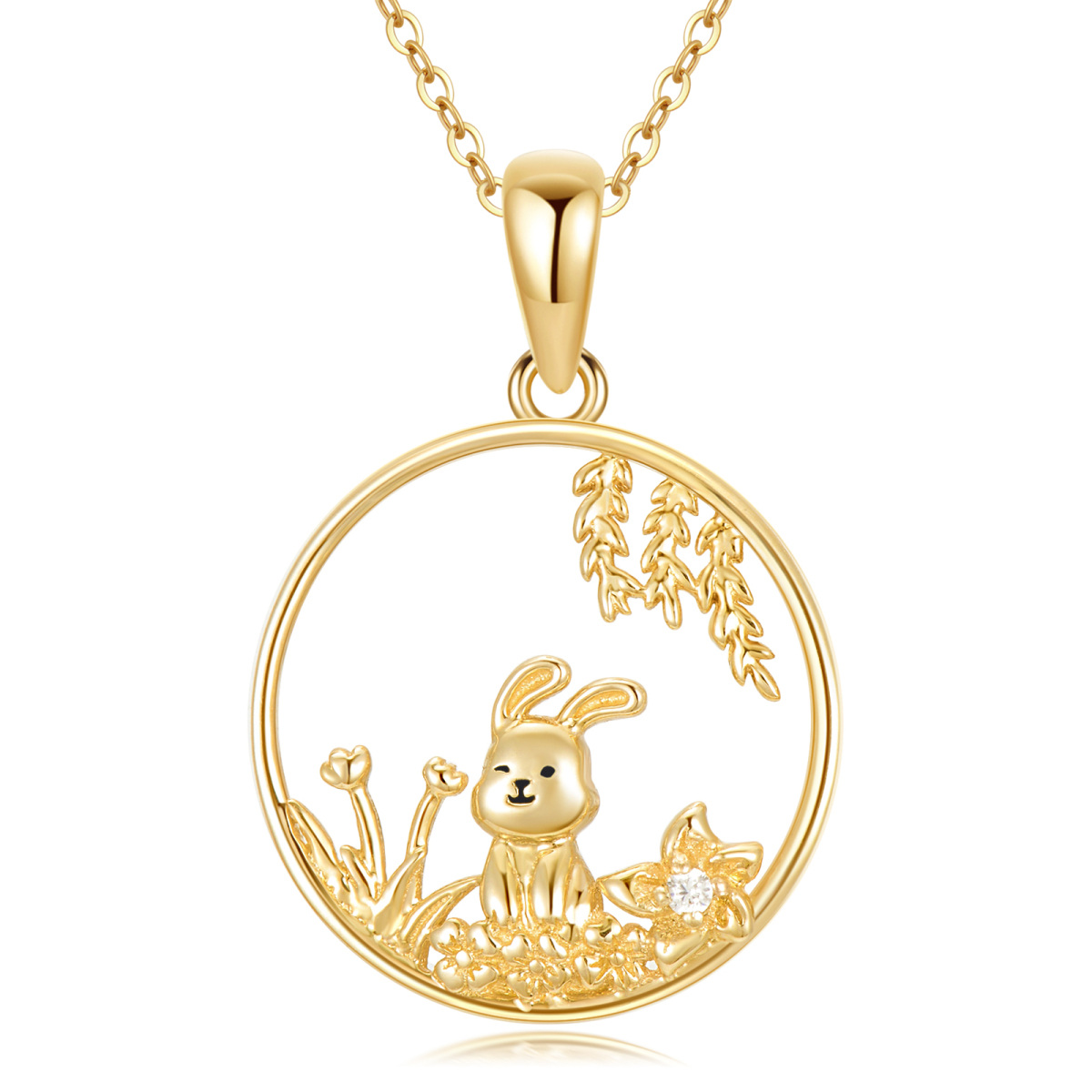 Collar con colgante de conejo de circonita cúbica en oro de 14 quilates-1
