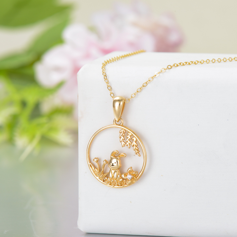 10K Gold Cubic Zirconia Rabbit Pendant Necklace-3