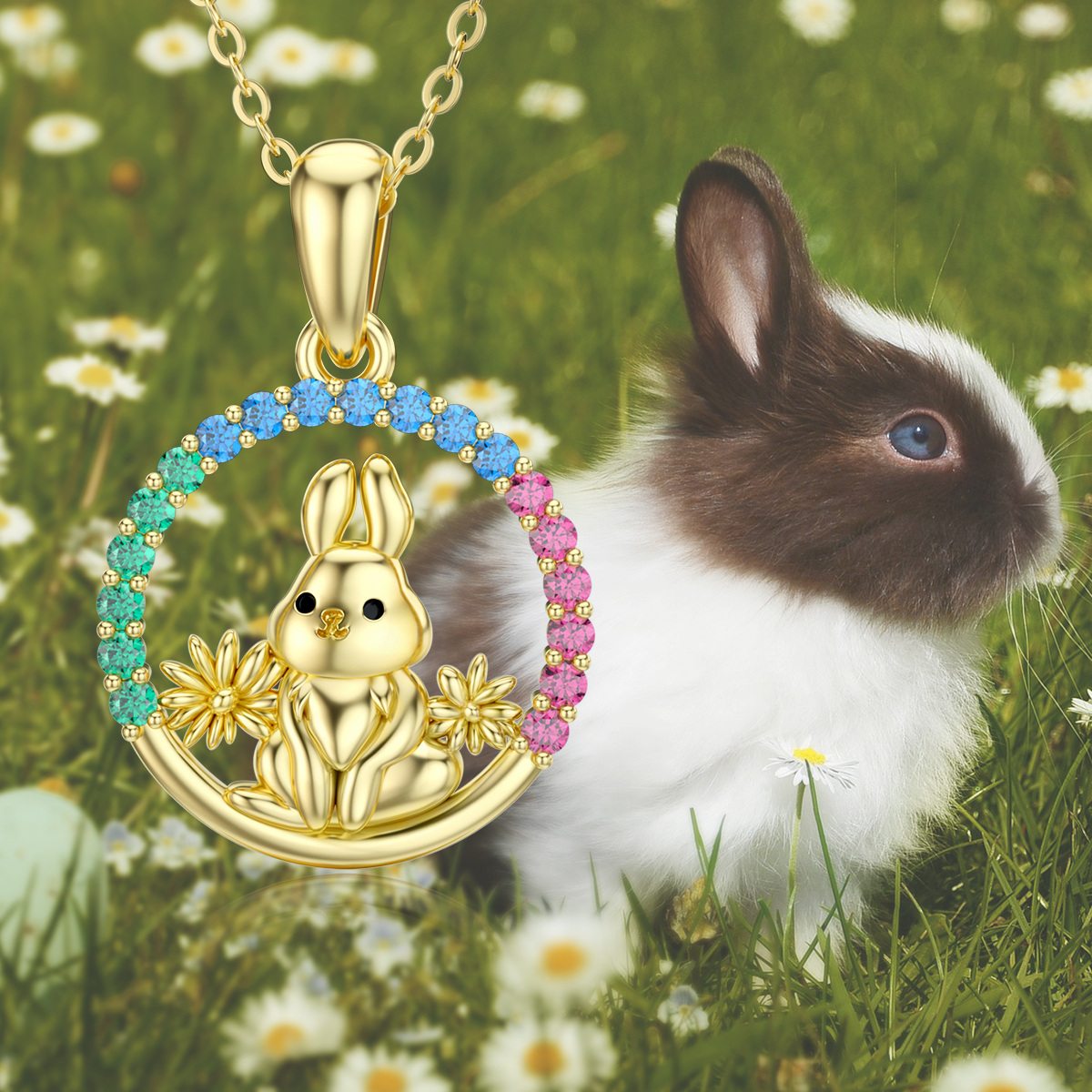 14K Gold Cubic Zirconia Rabbit Pendant Necklace-3