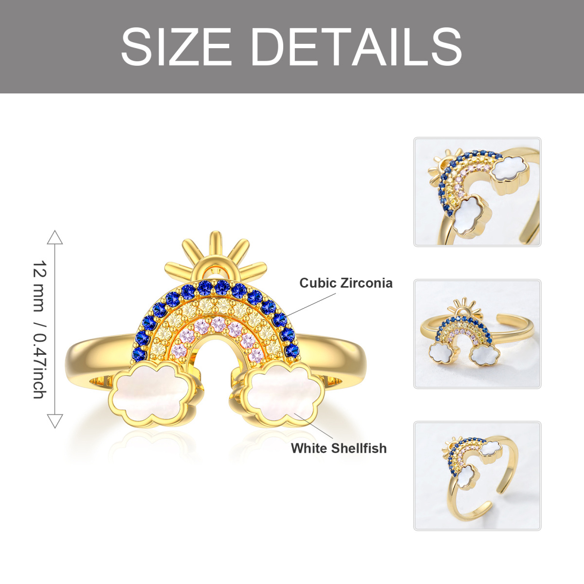 14K Gold Cubic Zirconia Rainbow Open Ring-5