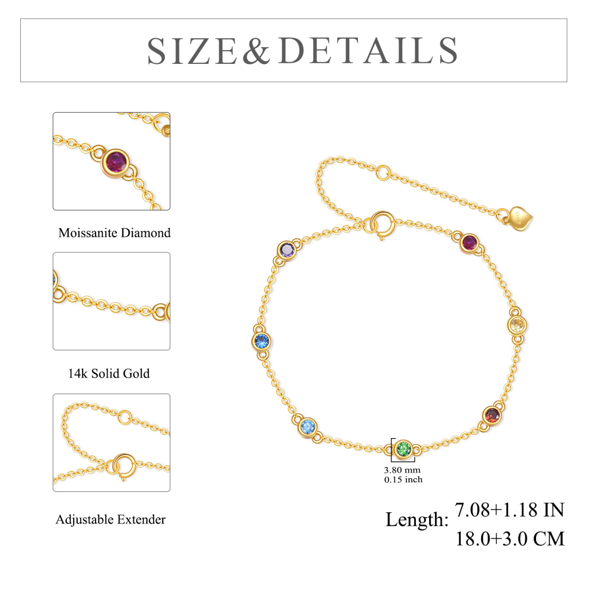 Bracciale con ciondolo arcobaleno con zirconia cubica in oro 14K-6