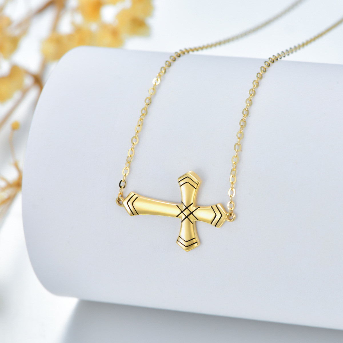 14K Gold Echtes Gelbgold Filigraner Pommy Cross Anhänger Halskette-3