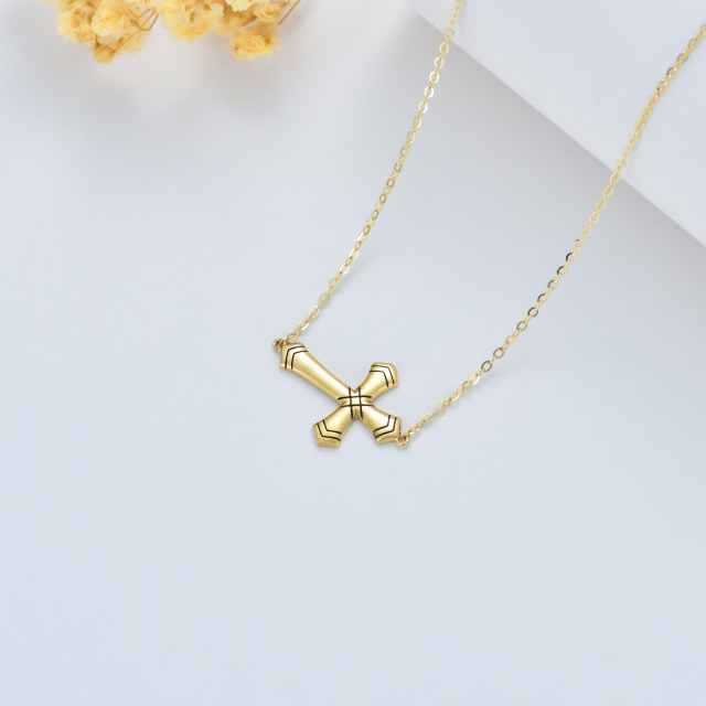 14K Gold Echtes Gelbgold Filigraner Pommy Cross Anhänger Halskette-4