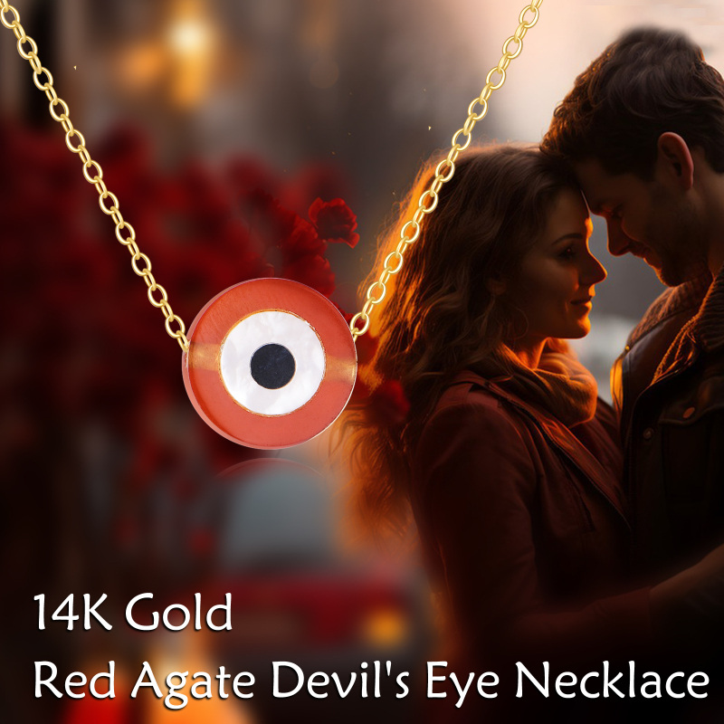 10K Gold Red Agate Evil Eye Pendant Necklace-6
