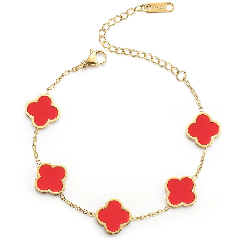 14K Gold Red Four Leaf Clover Bracelet for Women-1