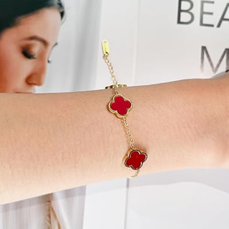 14K Gold Red Four Leaf Clover Bracelet for Women-2