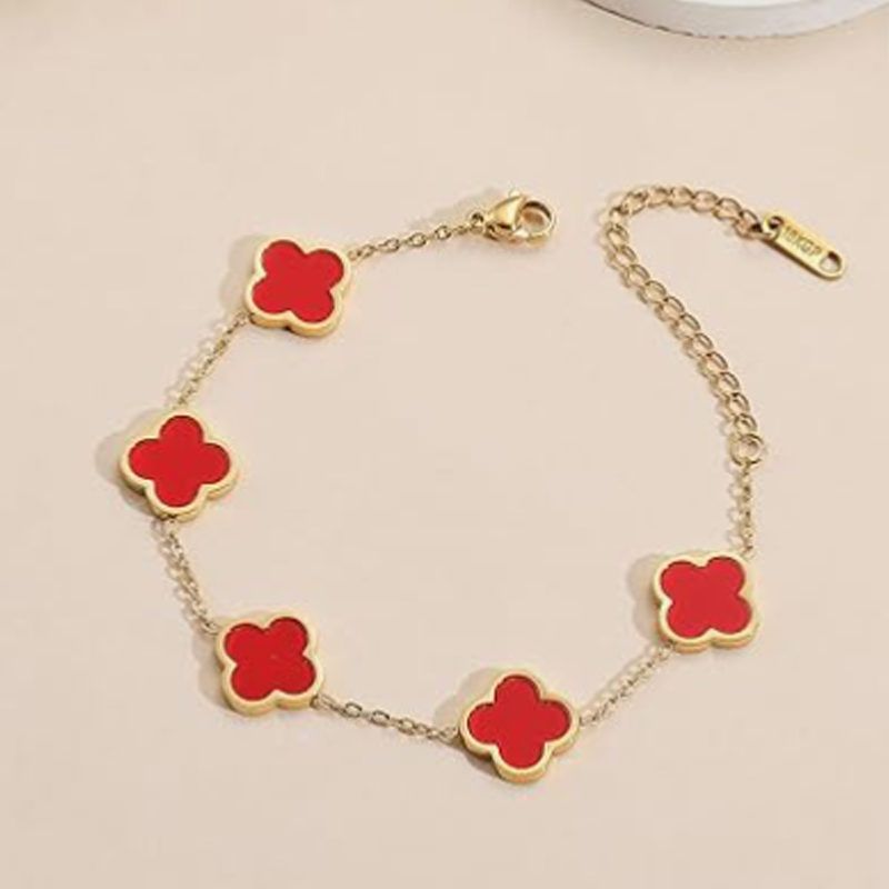 14K Gold Red Four Leaf Clover Bracelet for Women-3