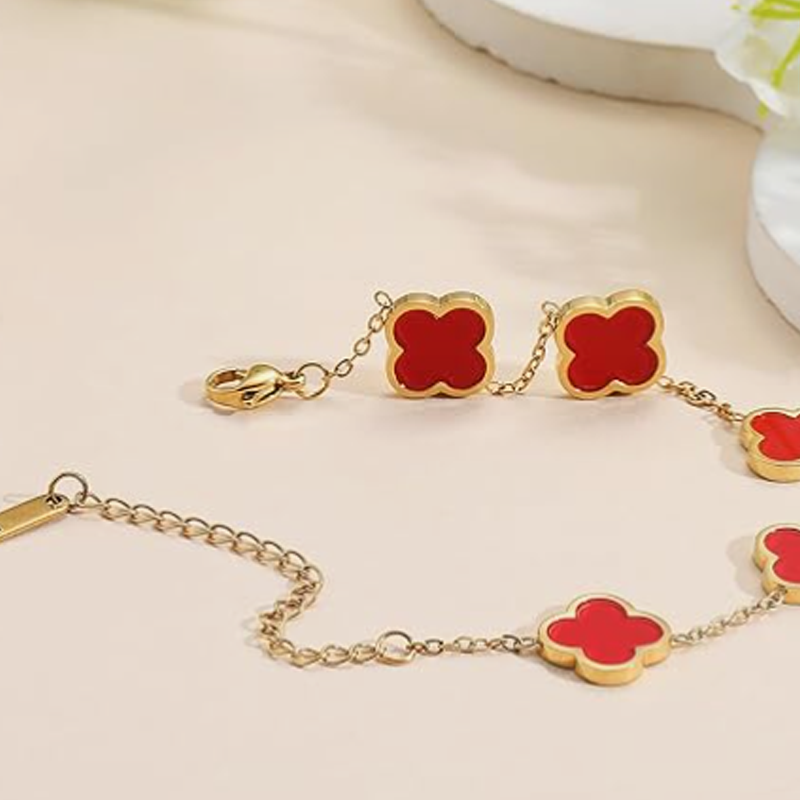 14K Gold Red Four Leaf Clover Bracelet for Women-4