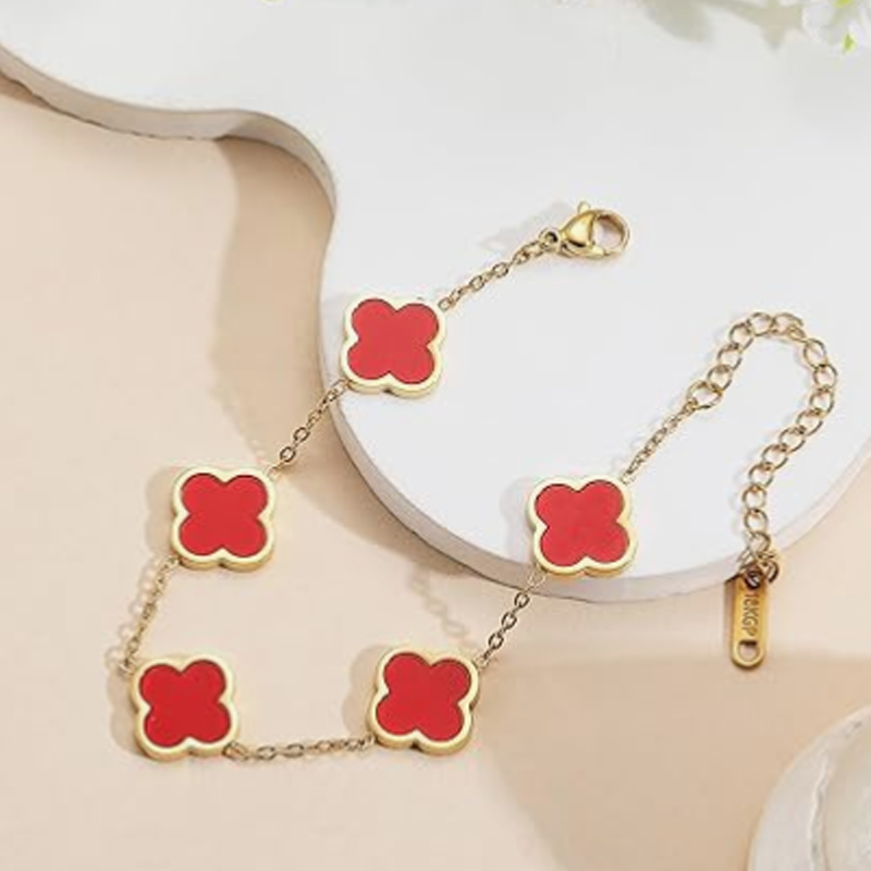 14K Gold Red Four Leaf Clover Bracelet for Women-5