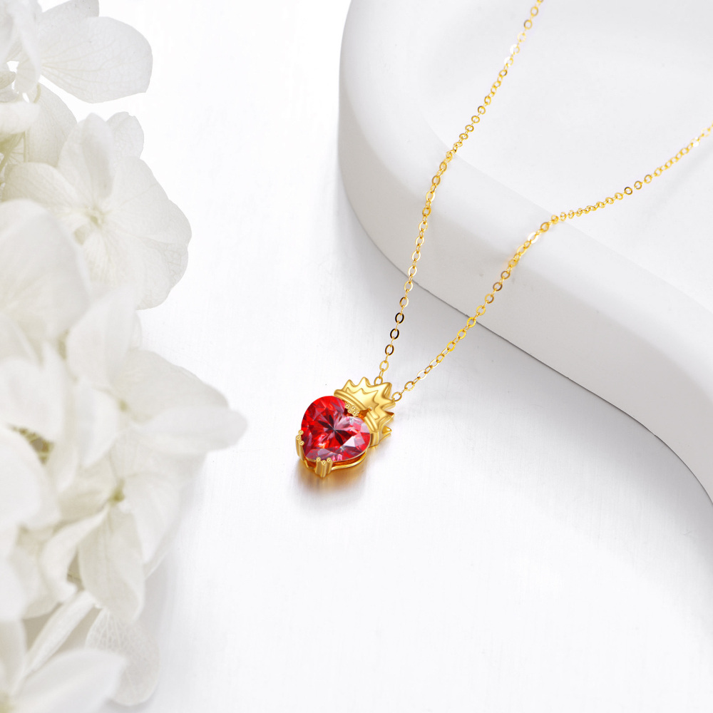 10K Gold Red Heart Moissanite Crown Pendant Necklace-3