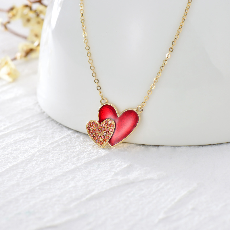 14K Gold Heart Cubic Zirconia With Heart Pendant Necklace For Women Best Friends-3