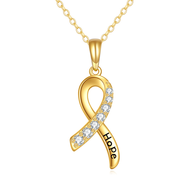 18K Gold Cubic Zirconia Ribbon Pendant Necklace-1