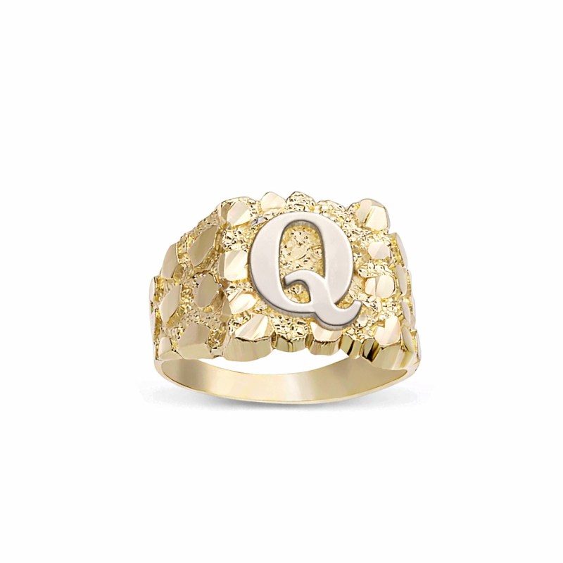 Anillo de pepita con inicial personalizada en oro blanco y oro amarillo de 14 quilates para hombre-1