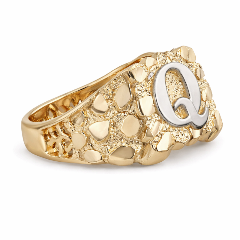 Anillo de pepita con inicial personalizada en oro blanco y oro amarillo de 14 quilates para hombre-3