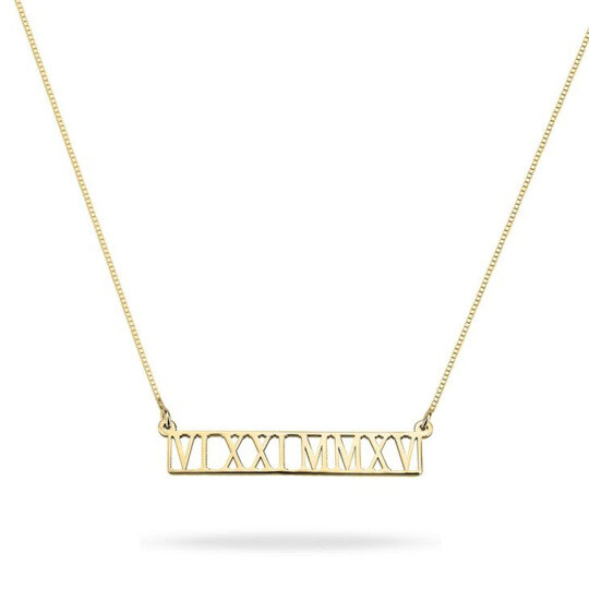 14K Gold Roman Numeral Cut Out Bar Necklace