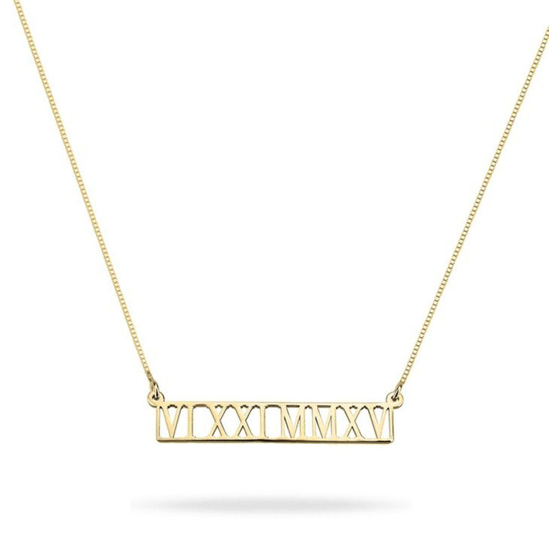 14K Gold Roman Numeral Cut Out Bar Necklace-1