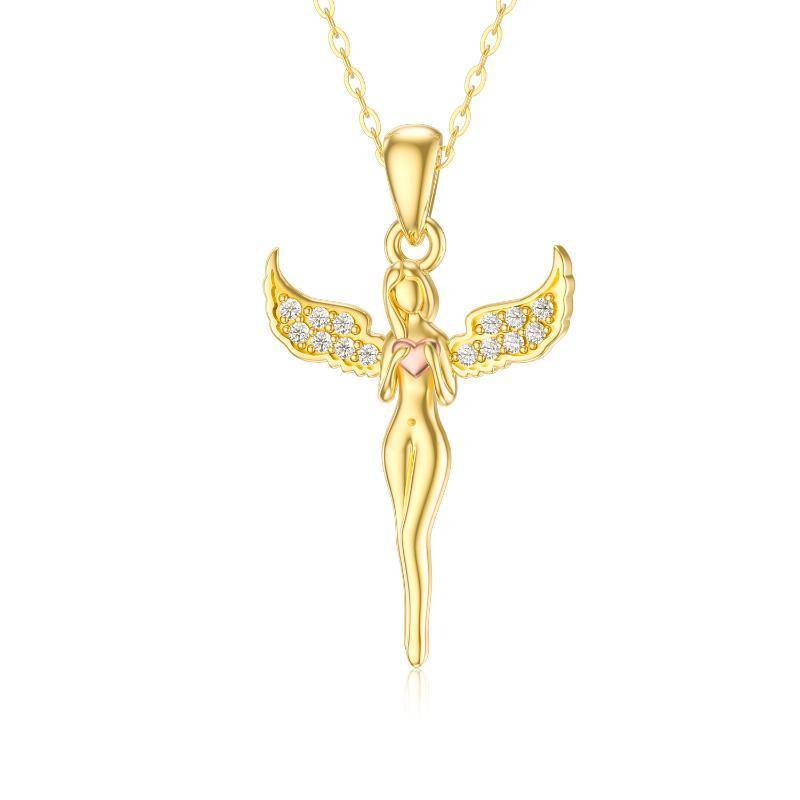 Collier avec pendentif aile d'ange en or 14 carats et zircone cubique bicolore pour femme-1