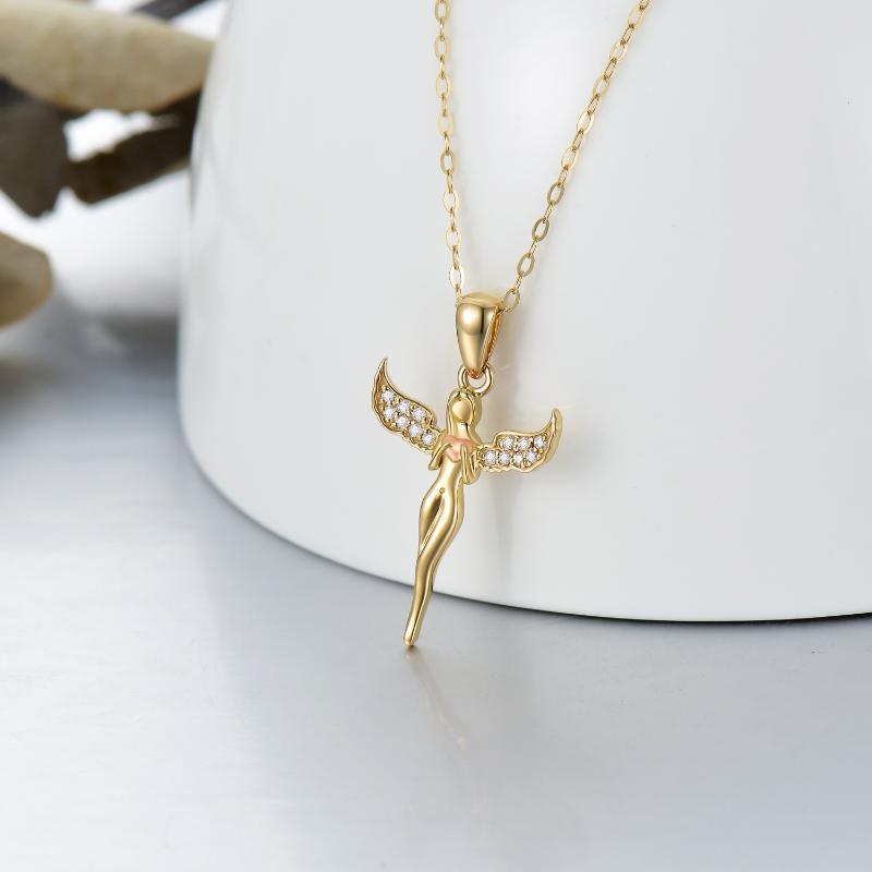 Collana da donna con ciondolo ala d'angelo in oro 14 carati bicolore con zirconi cubici-3