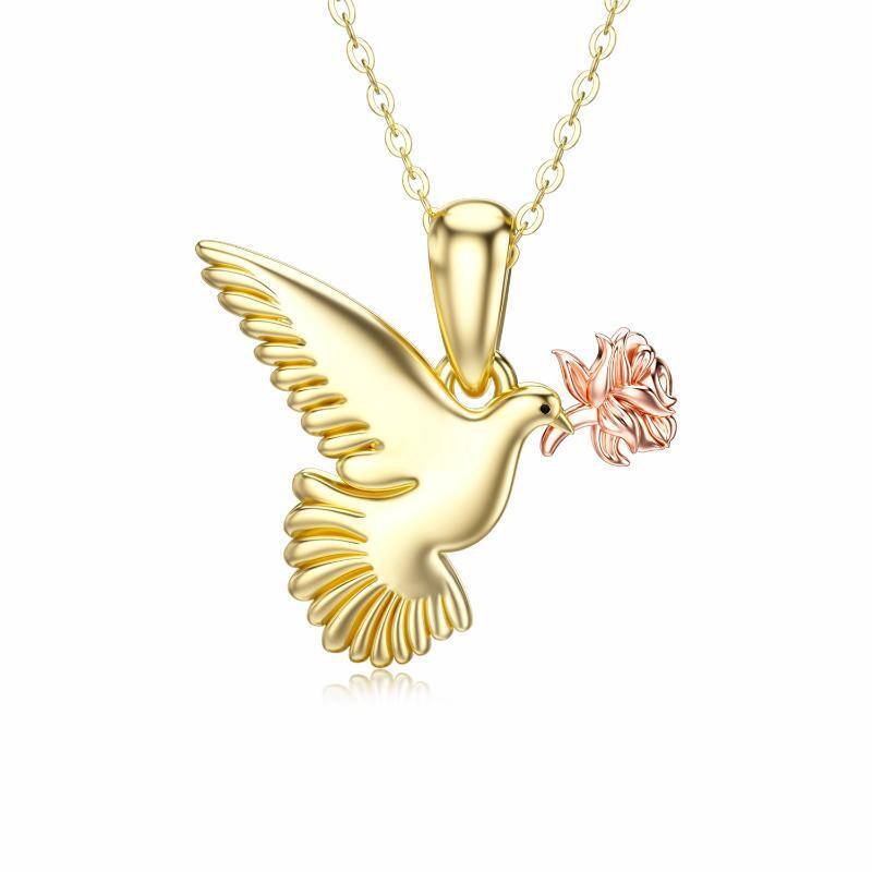 14K Gold & Rose Gold Vogel & Rose Anhänger Halskette-1