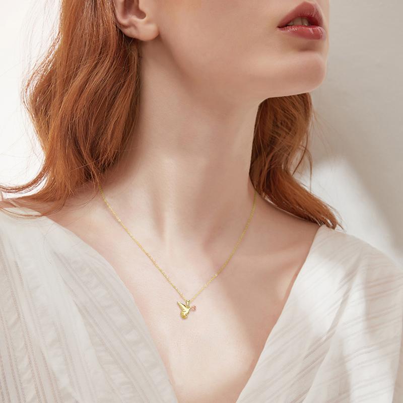 Collar con colgante de rosa y pájaro chapado en oro de 14 quilates con oro rosa para mujer-2