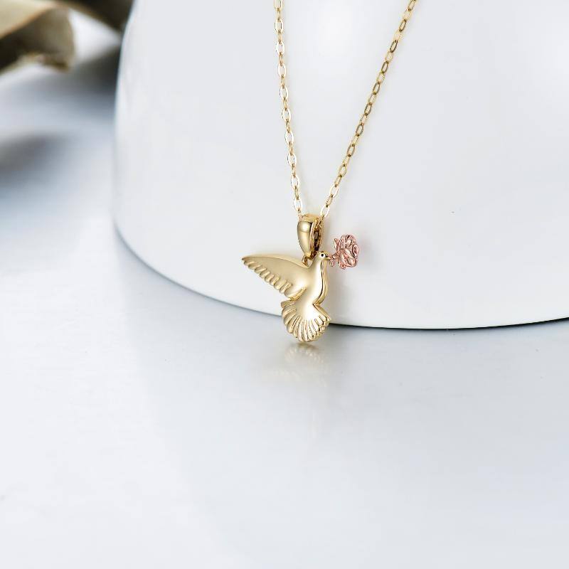 14K Gold & Rose Gold Bird & Rose Pendant Necklace-3