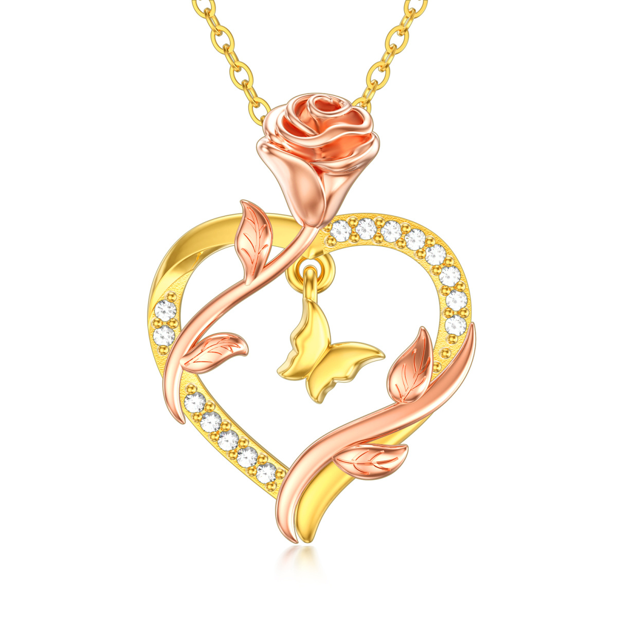 10K Gold Rose Gold Butterfly & Rose Necklace For Women-1