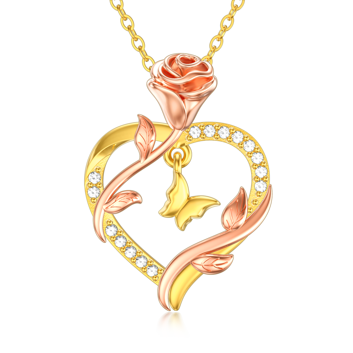 10K Gold Rose Gold Butterfly & Rose Necklace For Women-2