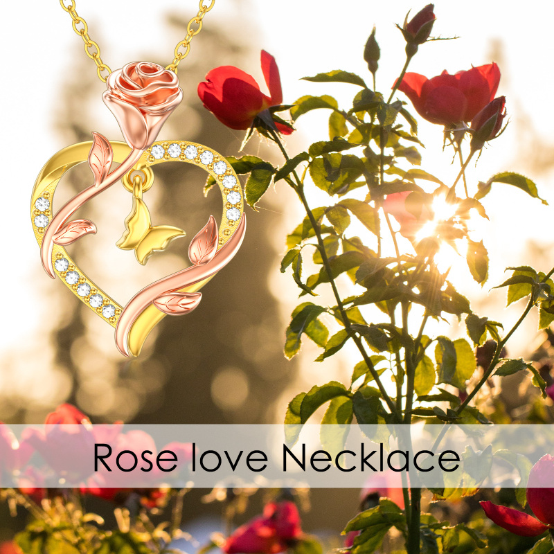 Collar de oro rosa de 18 quilates con forma de mariposa y rosa para mujer-5