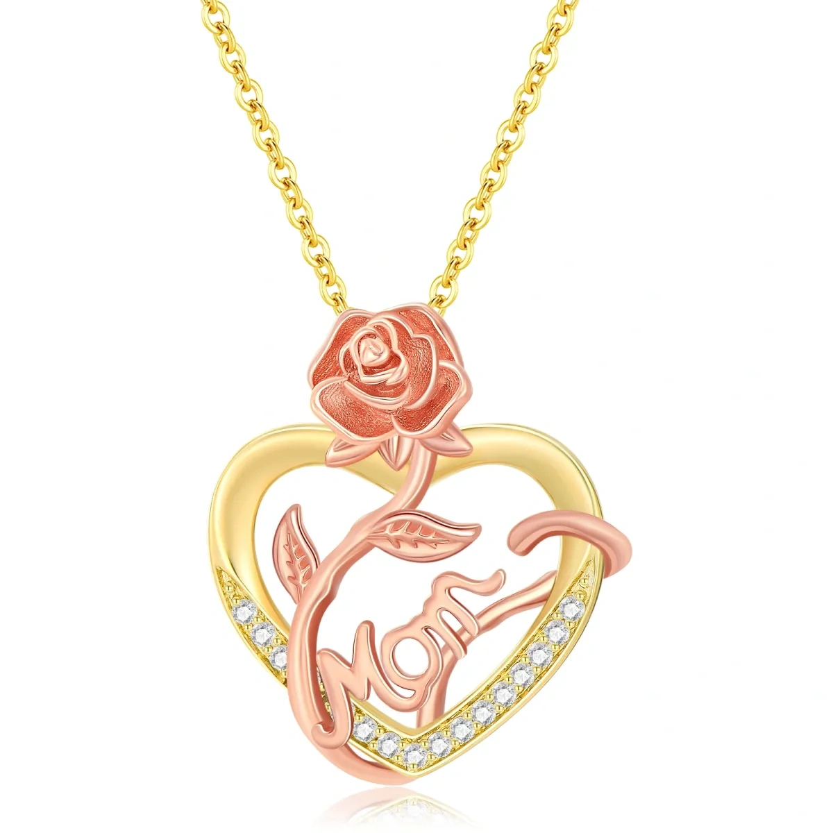 Collar con colgante de corazón de rosa y circonita cúbica de oro rosa y oro de 14 quilates con palabra grabada para mamá-1