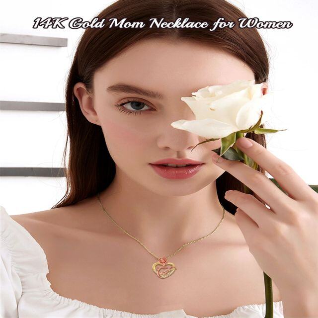 14K Gold & Rose Gold Circular Shaped Cubic Zirconia Rose & Heart Pendant Necklace with Engraved Word-2