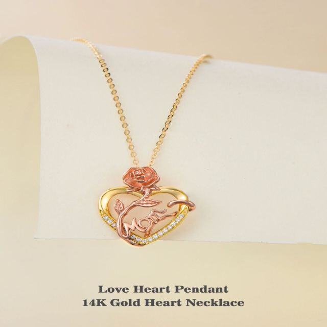 14K Gold & Rose Gold Circular Shaped Cubic Zirconia Rose & Heart Pendant Necklace with Engraved Word-3