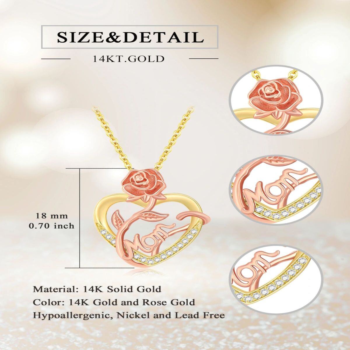 14K Gold & Rose Gold kreisförmige kubische Zirkonia Rose & Herz Anhänger Halskette mit ein-4