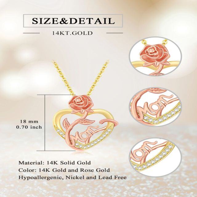 Collier en or 14K et or rose avec pendentif rose et coeur en zircon cubique avec mot gravé-4