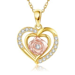 14K Gold & Rose Gold Circular Shaped Moissanite Rose & Heart Pendant Necklace-1