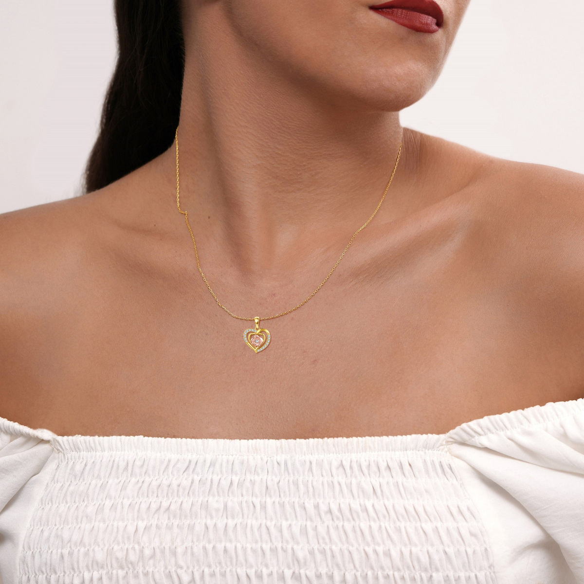 Collier en or 14K et or rose avec pendentif rose et coeur en Moissanite de forme circulair-2