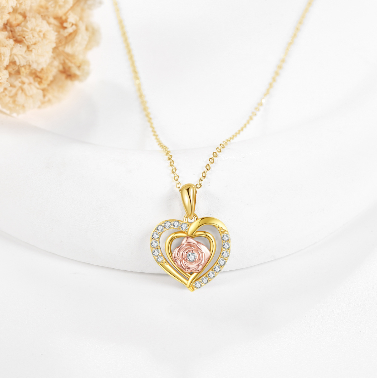 Collier en or 14K et or rose avec pendentif rose et coeur en Moissanite de forme circulair-3