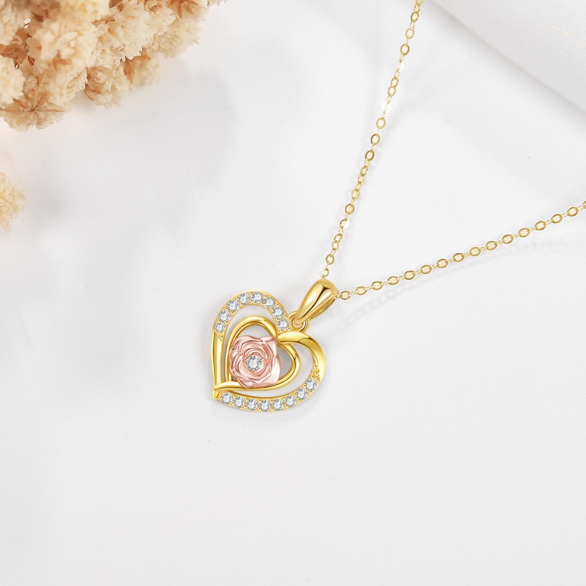 Collier en or 14K et or rose avec pendentif rose et coeur en Moissanite de forme circulair-4