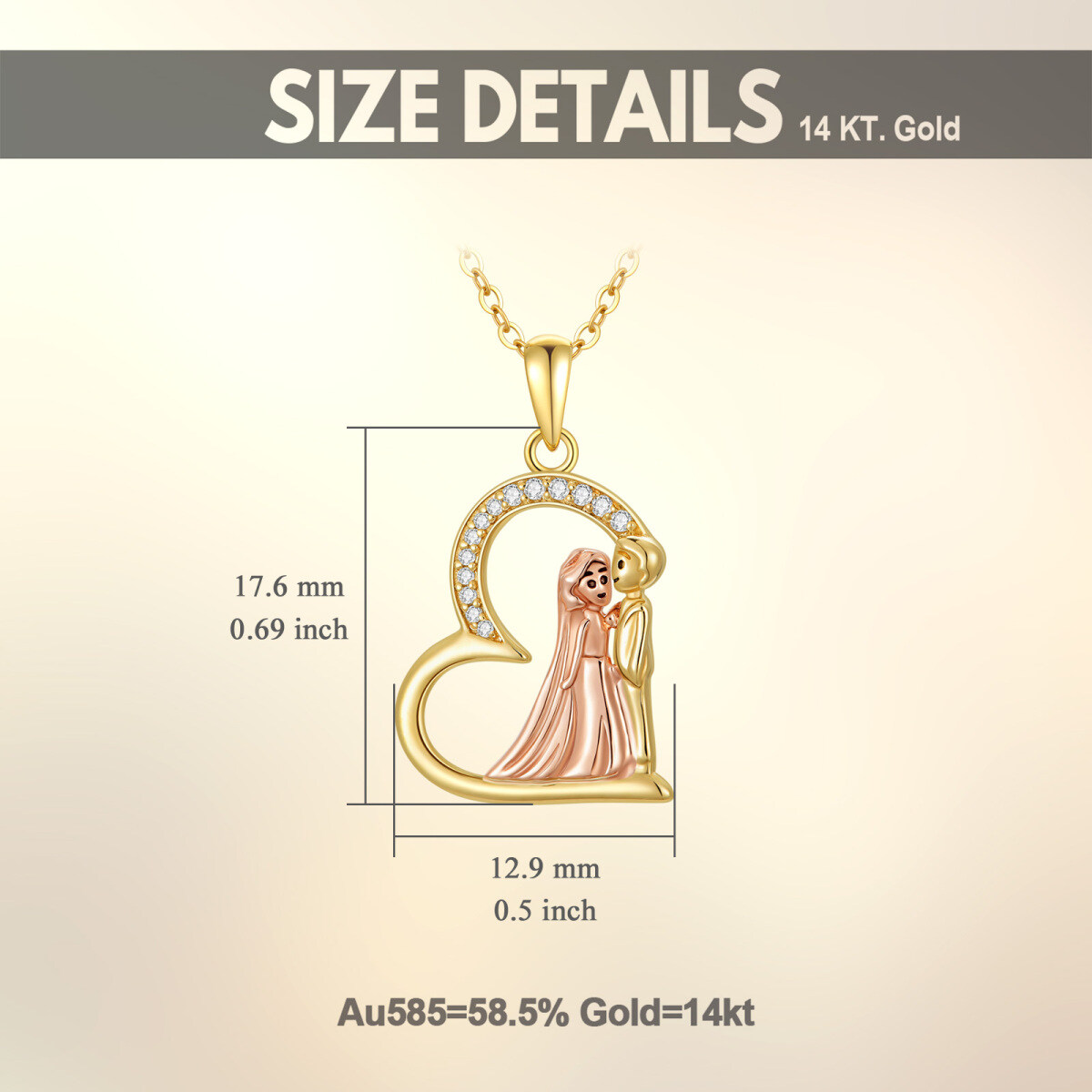 Collier avec pendentif circulaire en zircone, or 14 carats et or rose, pour couple-3