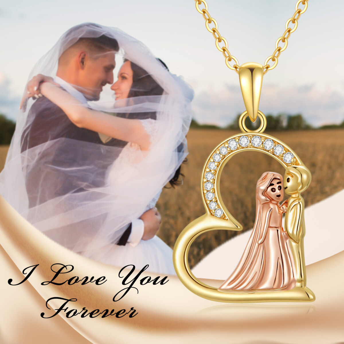 10K Gold & Rose Gold Circular Zircon Pendant Necklace For Couple-6